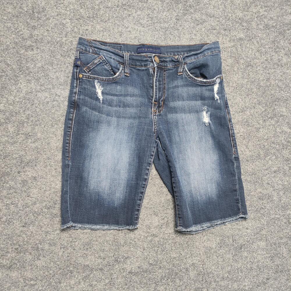 Rock & Republic Bermuda Shorts Womens 10 Blue Denim Distressed Raw Hem Stretch